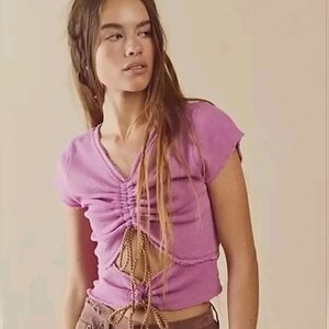 Free People Pink Mesh Ruched Cutout Cropped Tee Top, Size S